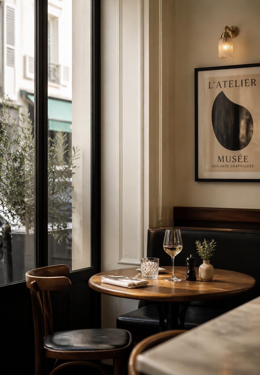 Rustige hoektafel bij het raam in de bistro